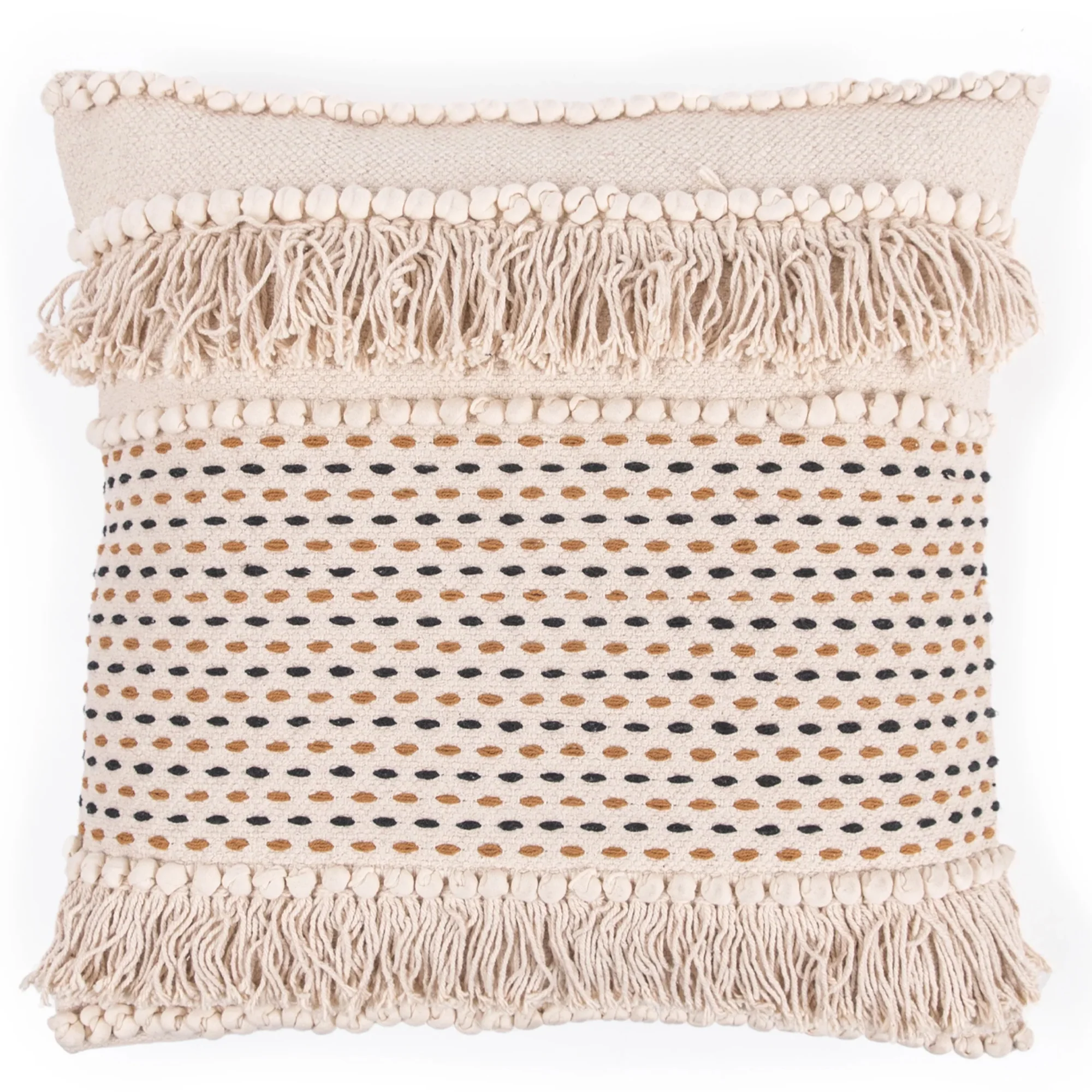 ***Cream Woven Pillow with Fringe and Black/Brown Stitching - 24"x24"