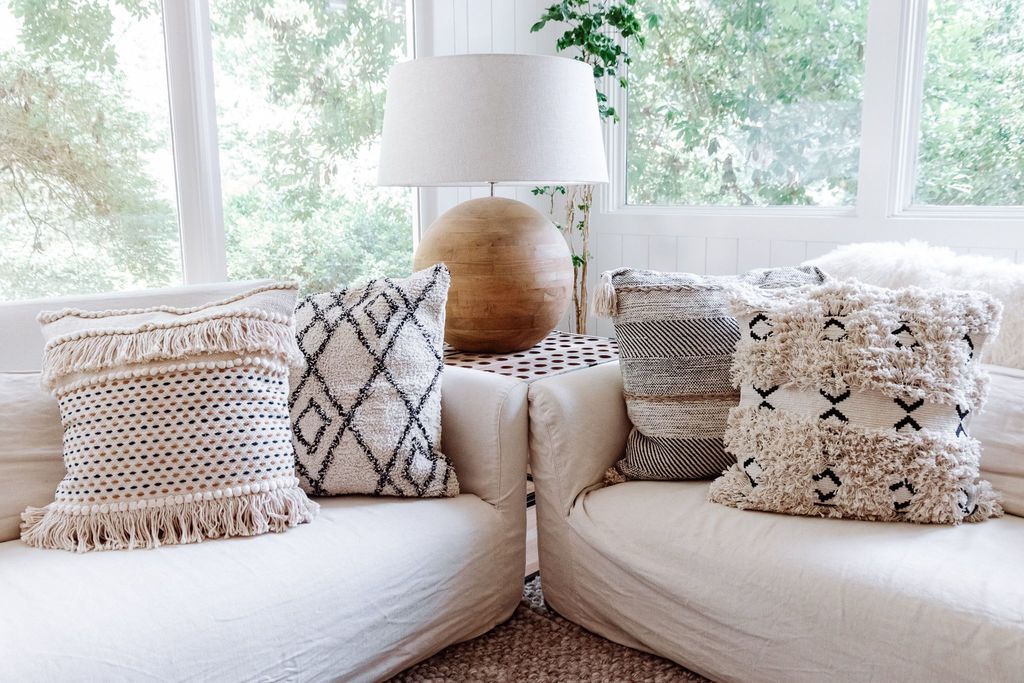 ***Cream Woven Pillow with Fringe and Black/Brown Stitching - 24"x24" - Image 3