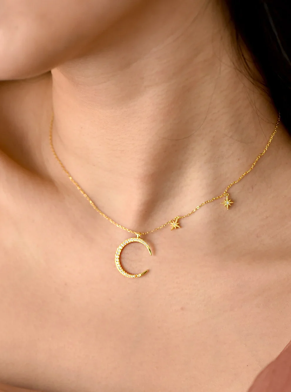 Crescent Moon Necklace w/ 2 Dangling Stars - Image 2