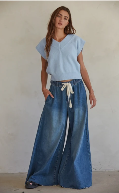Denim Drawstring Waist Band Wide Leg Pants - Image 2