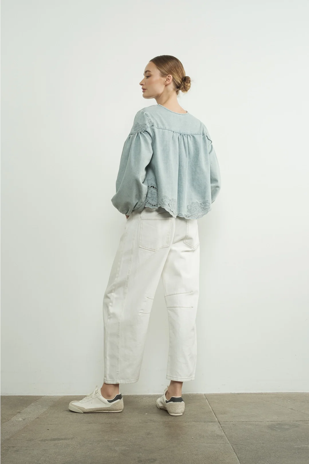 Denim Embroidery Volume Sleeve Blouse Top - Image 3