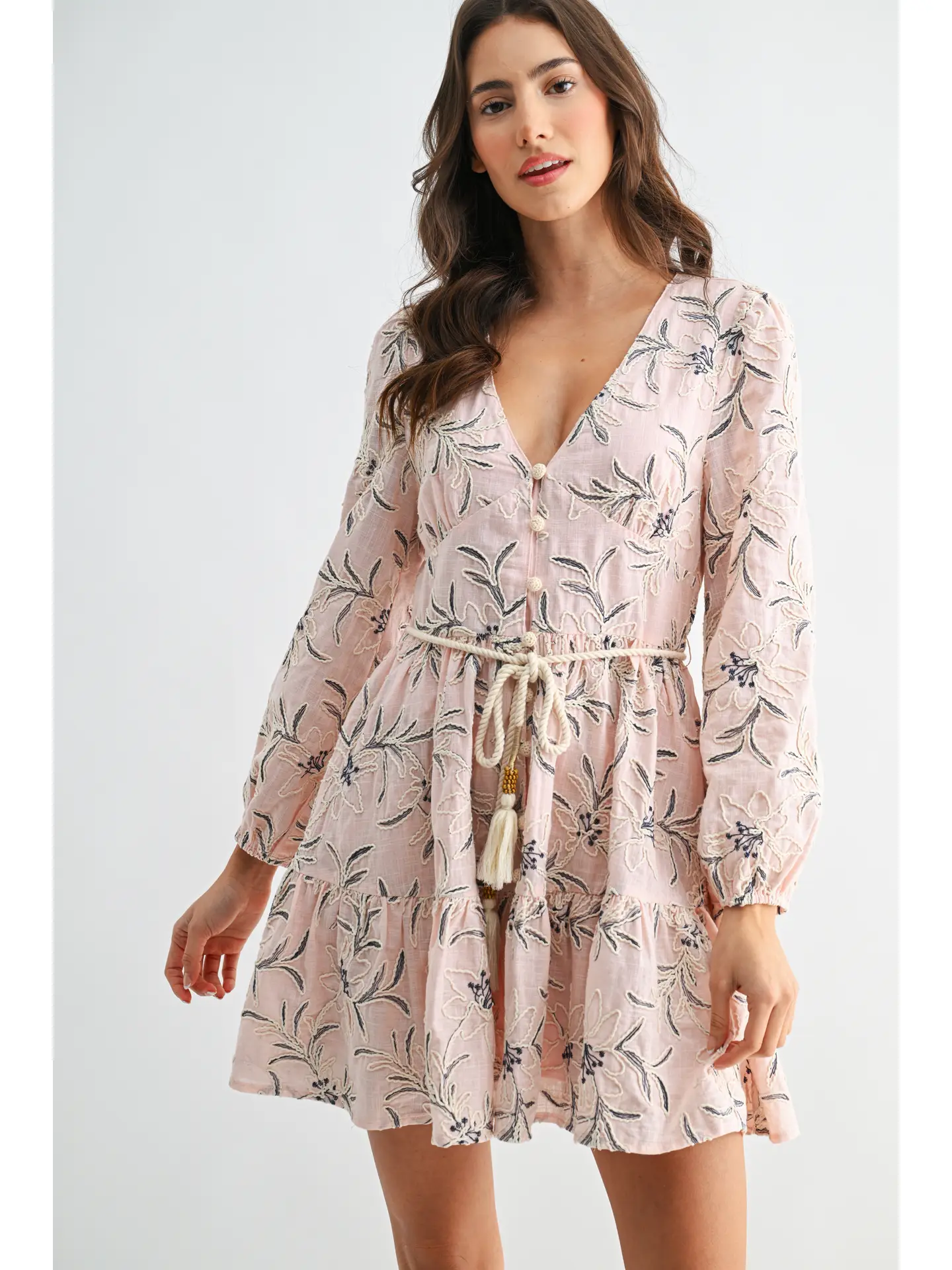 Embroidered Floral Belted Long-Sleeve Mini Dress