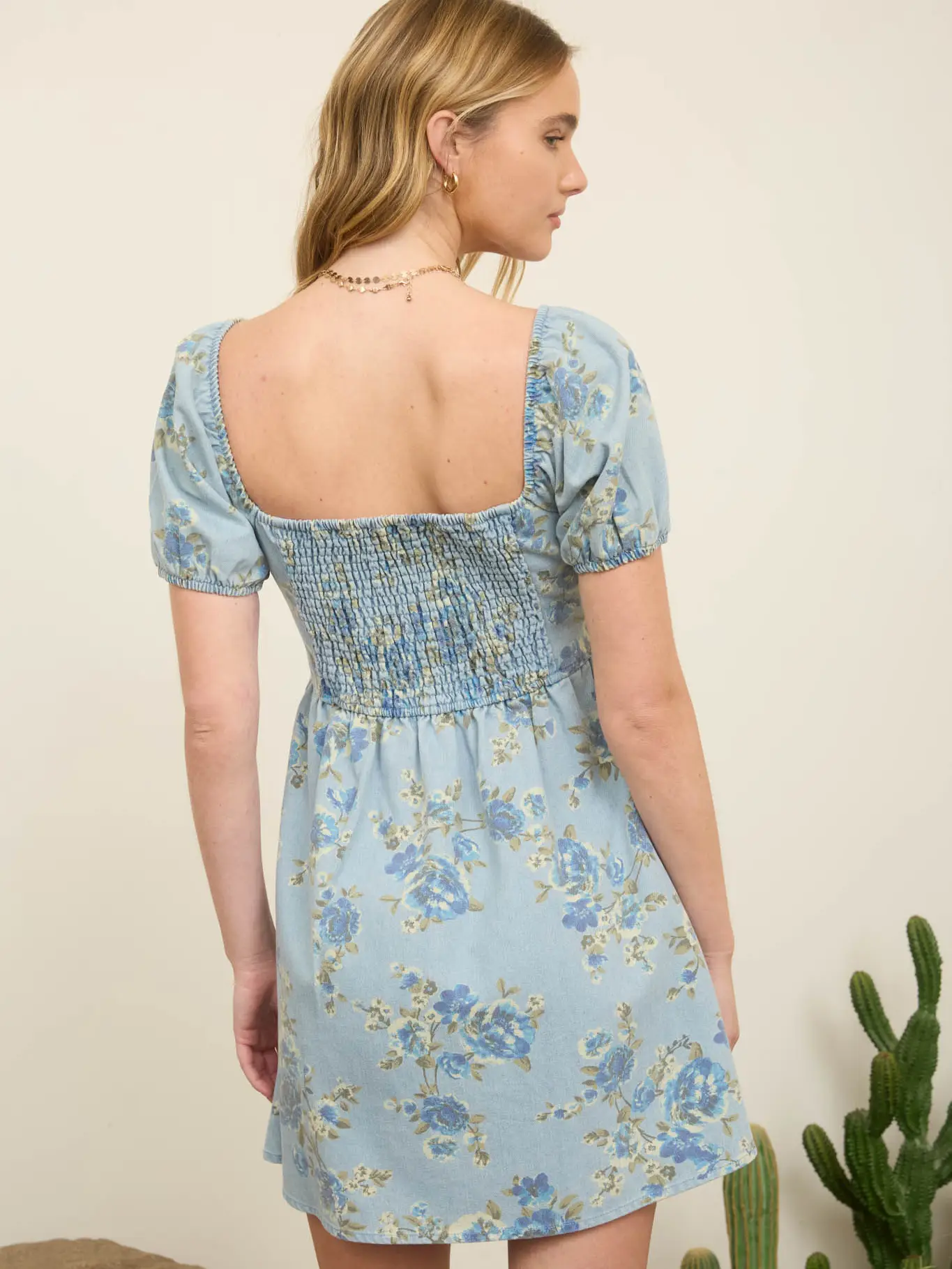 Floral Light Denim Puff Sleeve Mini Dress - Image 2