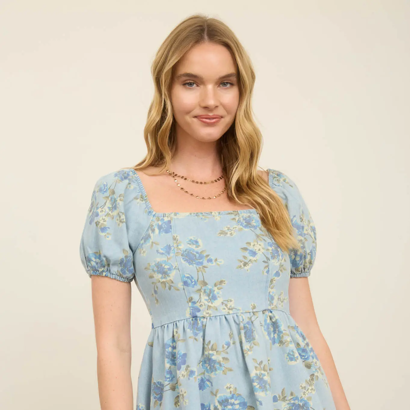 Floral Light Denim Puff Sleeve Mini Dress - Image 3