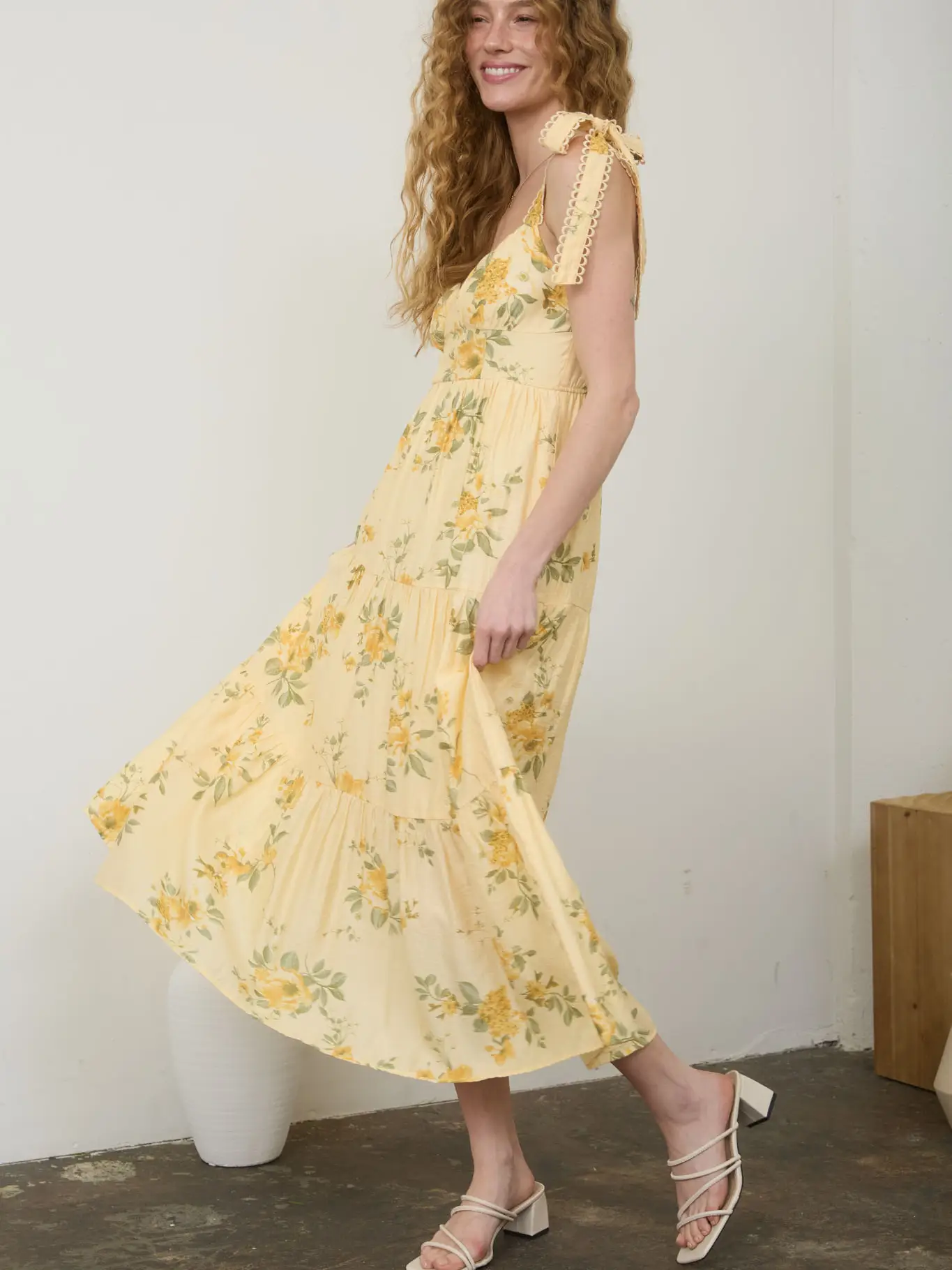 Floral Tie Strap with Scallop Lace Trim Midi Dress - Image 3