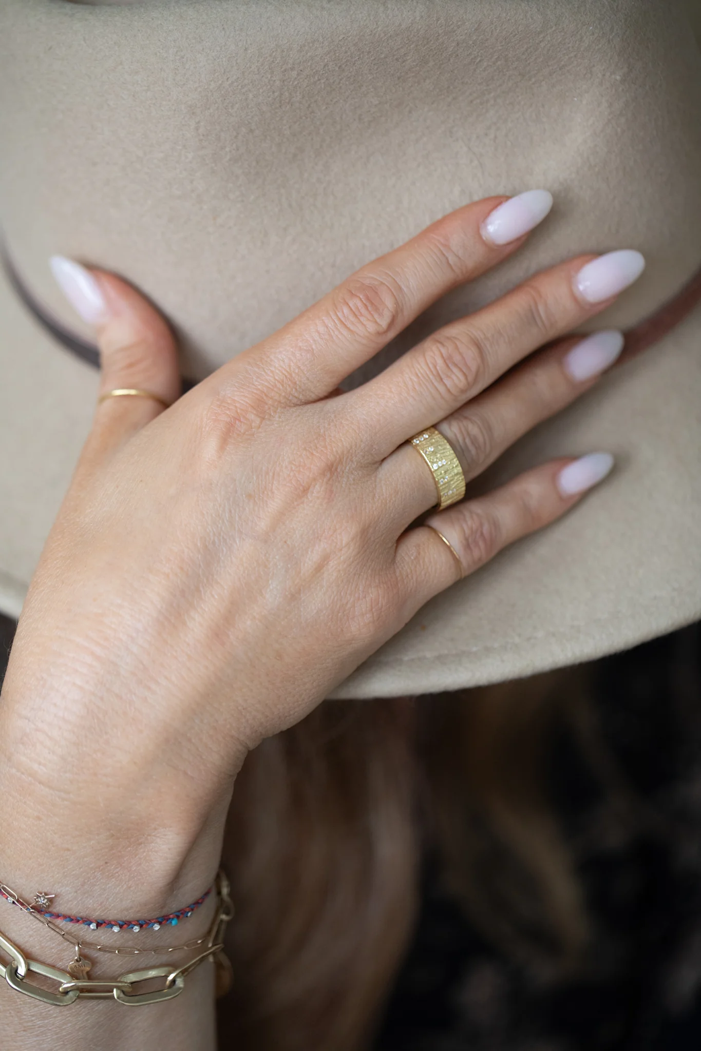 ***Gold Plated Wooden Textured Band with Stone Accents - Image 2