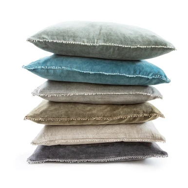Indigo Velvet Pillow With Poms - 22"x22 - Image 3