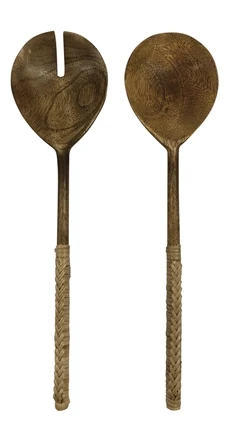 Kota Salad Servers, Wood w Rattan Handle