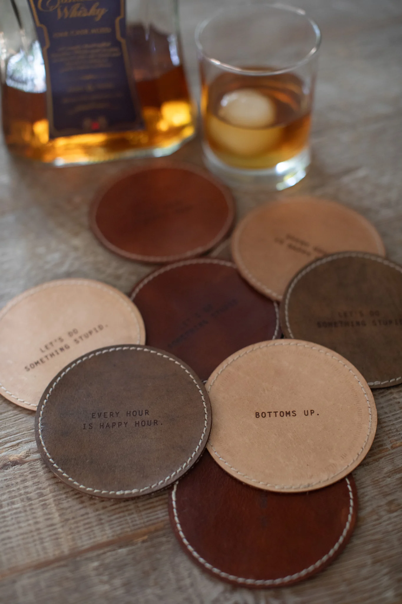 Let's Do Something Stupid Leather Coaster in Tan - Set of 4 - Image 2