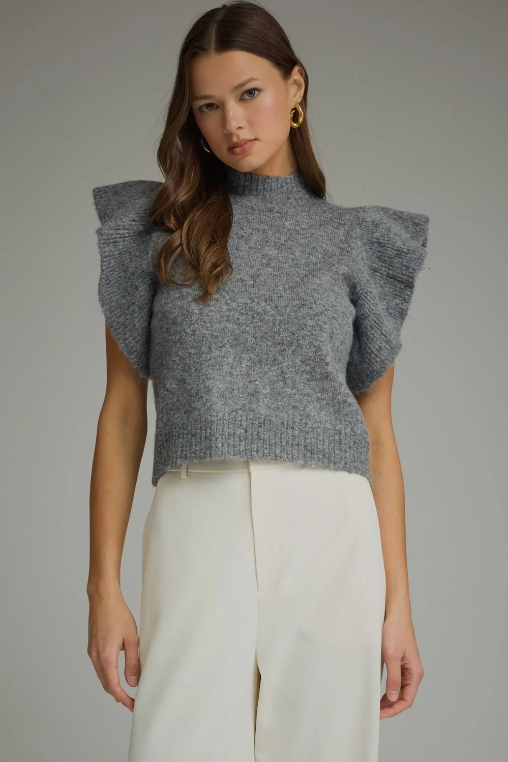 Mock Neck Ruffle Sleeve Knit Top - Image 2