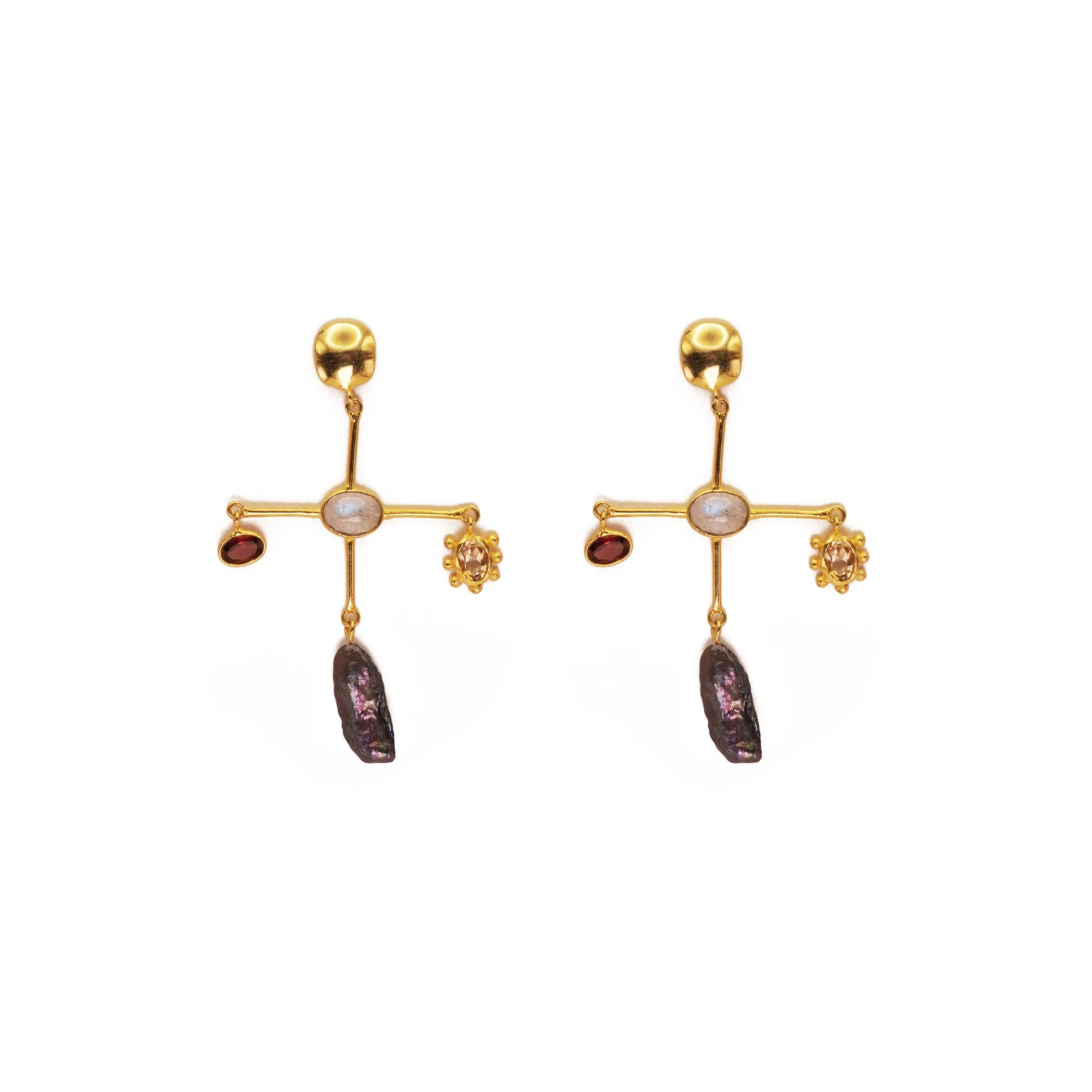 ***Multi-Stone Sun & Pearl Dangle Earrings