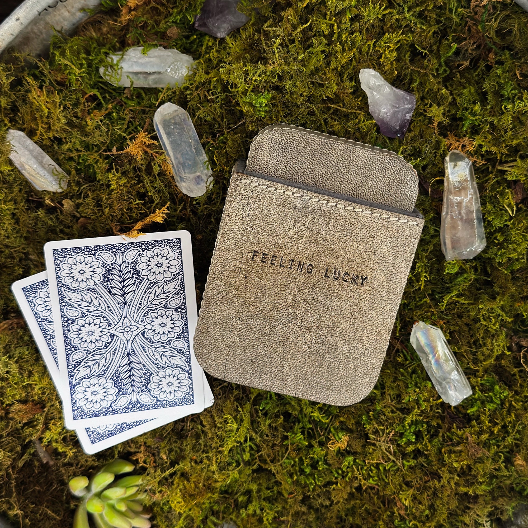 ***Feeling Lucky Leather Playing Card Case - Stone - Image 2