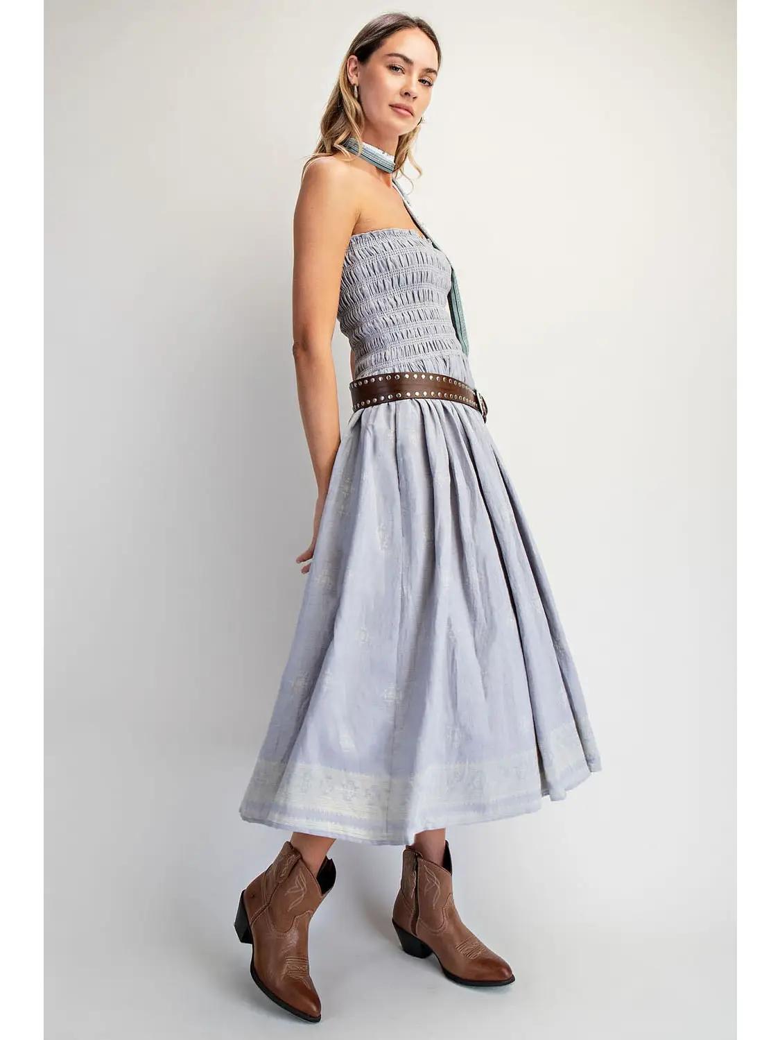 Blue Strapless Smocked Midi Dress - Image 3