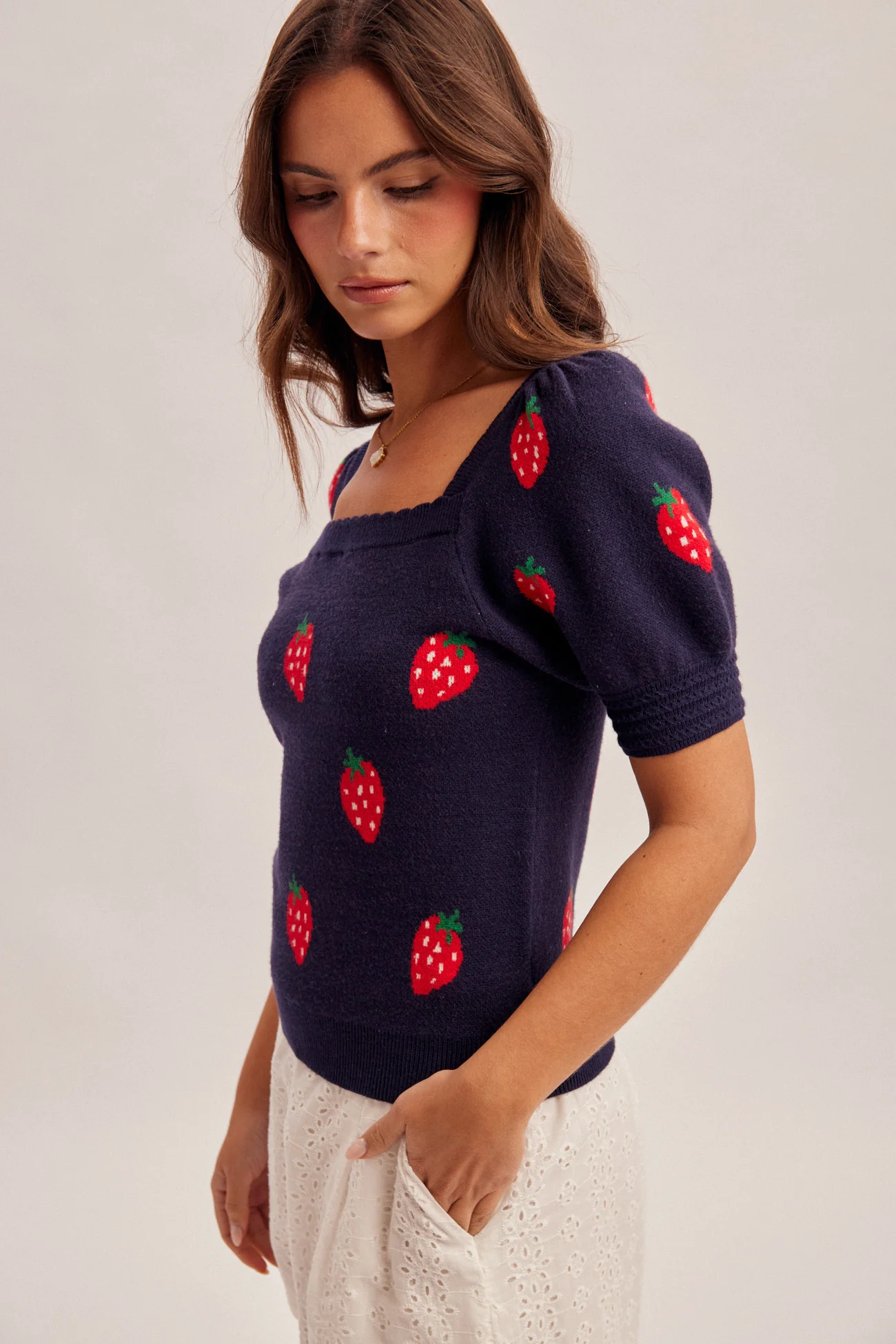 Strawberry Bubble Sleeve Sweater Top - Image 3