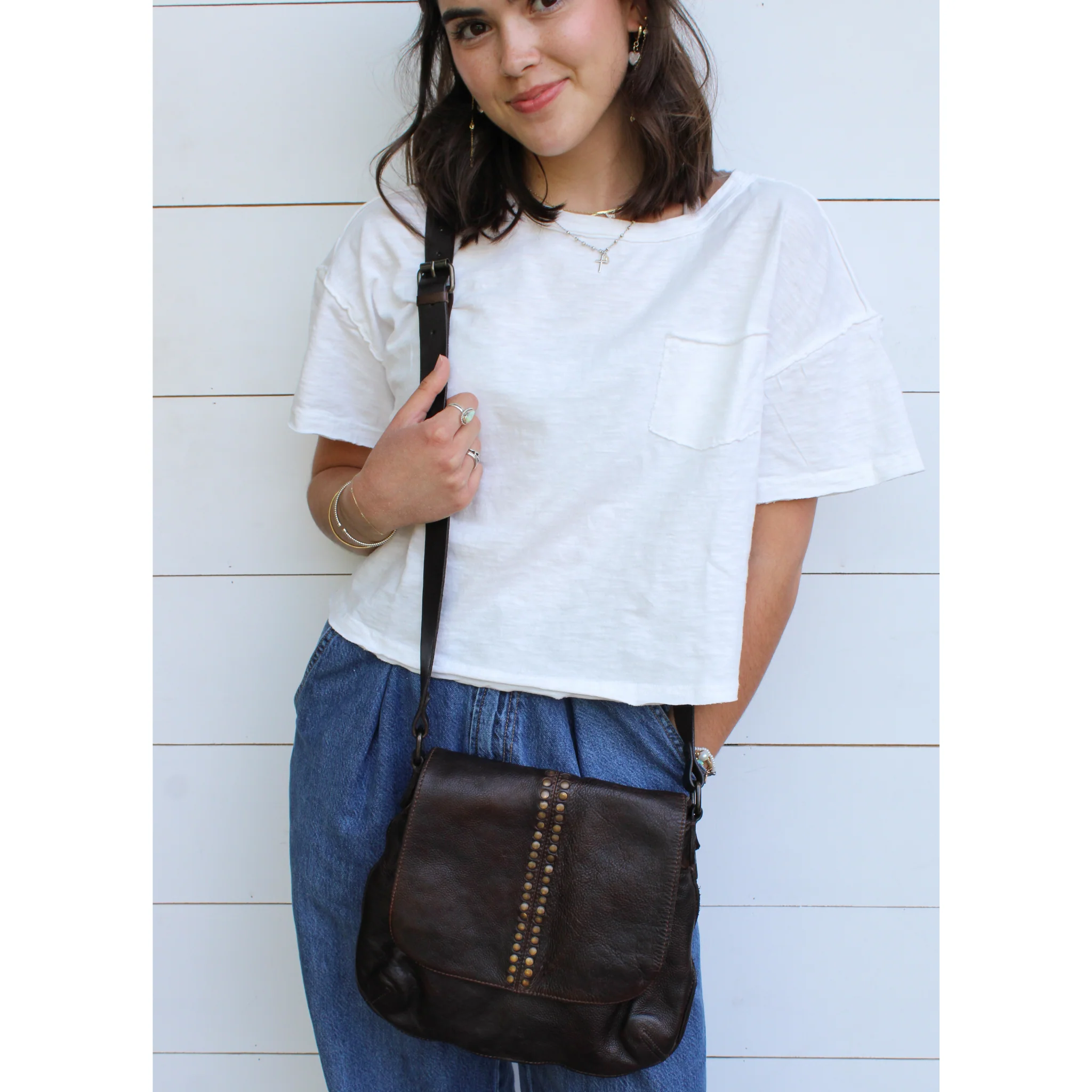 Studded Retro Flap Bag Brown - Image 3