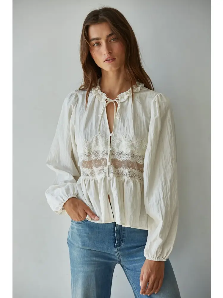 Woven Polyester Nylon Sheer Lace Detail Blouse