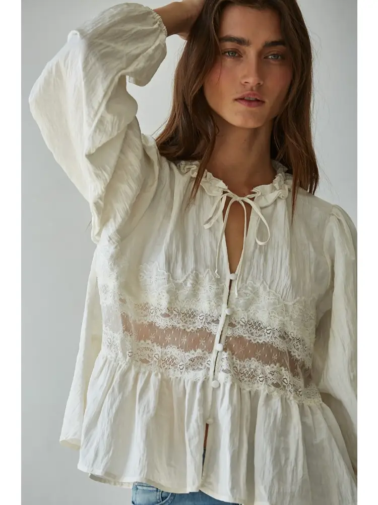 Woven Polyester Nylon Sheer Lace Detail Blouse - Image 2